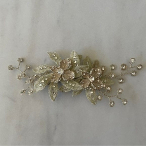 Wedding Hair Clip with Crystals, Metallic Flowers & Leaves - Picture 8 of 12